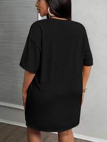 Slaydiva Plus Size Early Spring Resort Casual Pink Side Slit Loose Fit Drop Shoulder Sleeve Dress,Sundress,Summer Dresses For Women - Black - View 2