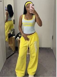 Fiercella Fiercella Women's Sleeveless Round Neck Top & Drawstring Long Pants Printed Two Pieces Set,Vacation Outfits Women ,2000s Style,Afro Fashion Outfits - Yellow - View 6