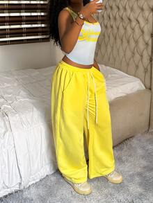 Fiercella Fiercella Women's Sleeveless Round Neck Top & Drawstring Long Pants Printed Two Pieces Set,Vacation Outfits Women ,2000s Style,Afro Fashion Outfits - Yellow - View 5