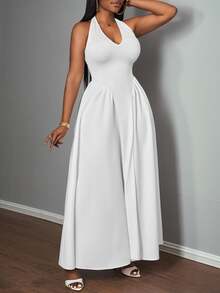 Slaydiva Elegant Sexy V-Neck Halter Long Dress, White, Wedding Style Dinner Ibiza Party Summer - White - View 4