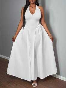 Slaydiva Elegant Sexy V-Neck Halter Long Dress, White, Wedding Style Dinner Ibiza Party Summer - White - View 3