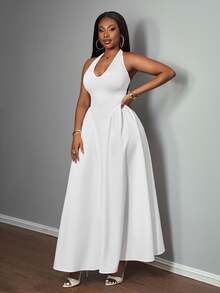 Slaydiva Elegant Sexy V-Neck Halter Long Dress, White, Wedding Style Dinner Ibiza Party Summer - White - View 6