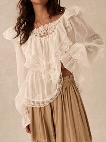Easelle Blus Wanita Motif Renda Patchwork Romantis Gaya Bohemian Vintage yang Mengencangkan Pinggang - Putih - View 4