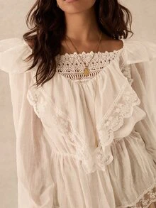 Easelle Blus Wanita Motif Renda Patchwork Romantis Gaya Bohemian Vintage yang Mengencangkan Pinggang - Putih - View 5