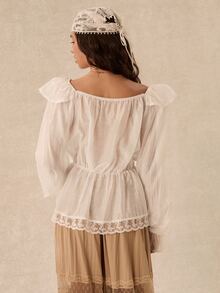 Easelle Blus Wanita Motif Renda Patchwork Romantis Gaya Bohemian Vintage yang Mengencangkan Pinggang - Putih - View 6