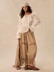 Easelle Blus Wanita Motif Renda Patchwork Romantis Gaya Bohemian Vintage yang Mengencangkan Pinggang - Putih - View 2