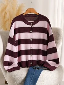 Shapeblank Plus Size Women's Striped Drop Shoulder Long Sleeve Single-Breasted Knit Cardigan Winter - Multicolor - View 5