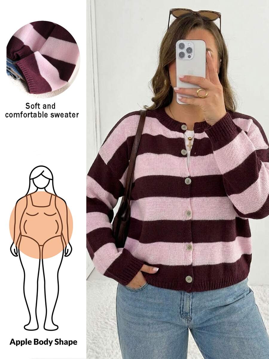 Shapeblank Plus Size Women's Striped Drop Shoulder Long Sleeve Single-Breasted Knit Cardigan Winter - Multicolor - View 1