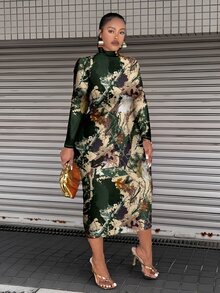 Slaydiva Women Camo Tree Branch Pattern Long Sleeve Round Neck Casual Dress, Suitable For Autumn Winter - Multicolor - View 4