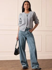 Lilora 女款高級百搭羅紋單排扣針織衫，秋季街頭風法式休閒早午餐辦公室淺灰色 - 灰色 - 查看 7