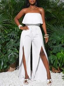 Slaydiva New Spring/Summer Casual Holiday White Strapless High Split Jumpsuit - White - View 6