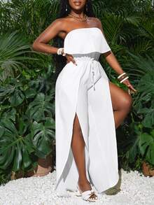 Slaydiva New Spring/Summer Casual Holiday White Strapless High Split Jumpsuit - White - View 7
