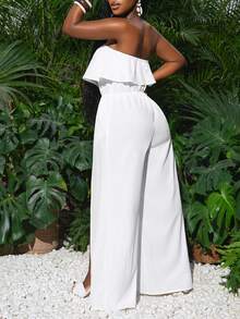 Slaydiva New Spring/Summer Casual Holiday White Strapless High Split Jumpsuit - White - View 3