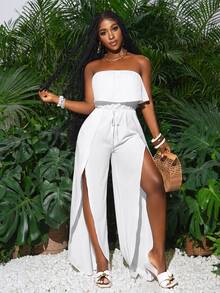 Slaydiva New Spring/Summer Casual Holiday White Strapless High Split Jumpsuit - White - View 4