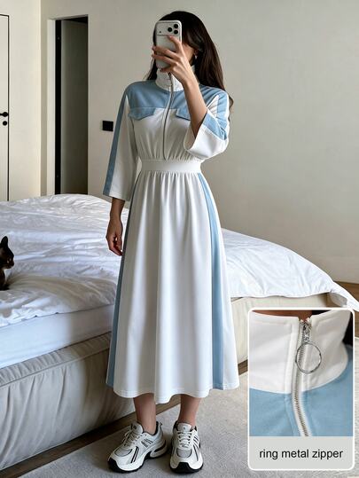 Modelyn Elegant Preppy Style Half-Zip Colorblock Patchwork 3/4 Sleeve Waist-Cinching Slimming Sweatshirt Dress, Casual Youthful Mid-Length Dress For Women