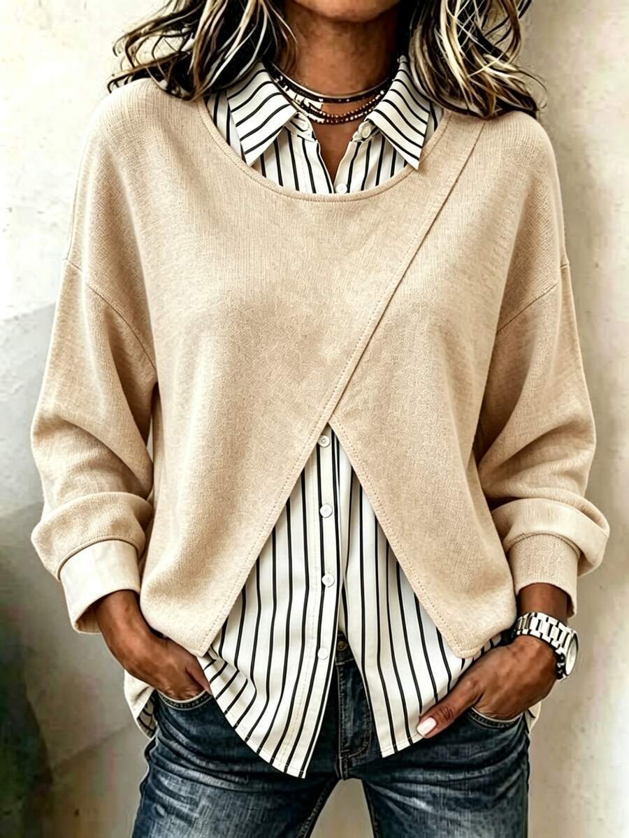 Holdful Holdful Women's Autumn/Winter New Casual 2 In 1 Striped Long Sleeve Shirt - Khaki - View 1