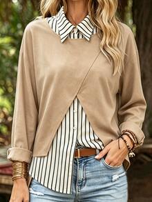Holdful Holdful Women's Autumn/Winter New Casual 2 In 1 Striped Long Sleeve Shirt - Khaki - View 3