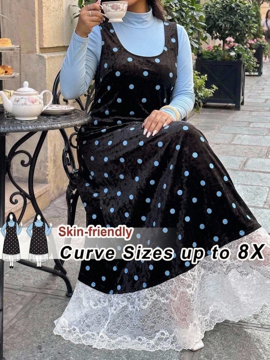 SHEIN CURVE+ 大尺碼女款純色長袖上衣與蕾絲拼接波點洋裝時尚套裝 秋季聖誕 - 彩色 - 查看 1