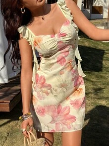 KARISMINA Pale Yellow Ruffled Strap Fitted Mini Dress For Women, Sweet Style Sexy Tropical, Suitable Spring/Summer Vacation Garden Party Flower - Pale Yellow - View 6