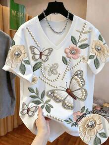 EMERY ROSE [Printed Design] Floral & Butterfly Pattern Vintage V-Neck Plus Size T-Shirt - Multicolor - View 1