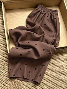 EMERY ROSE Plus Size Women Casual Vacation Relaxed Lazy Drape Polka Dot Print Drawstring Tie Linen Loose Wide Leg Pants - Multicolor - View 3