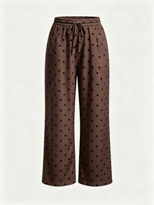 EMERY ROSE Plus Size Women Casual Vacation Relaxed Lazy Drape Polka Dot Print Drawstring Tie Linen Loose Wide Leg Pants - Multicolor - View 4