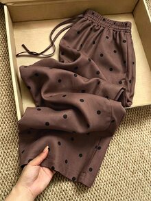 EMERY ROSE Plus Size Women Casual Vacation Relaxed Lazy Drape Polka Dot Print Drawstring Tie Linen Loose Wide Leg Pants - Multicolor - View 1