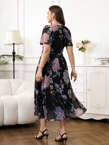 Reflora 大码女式夏季连衣裙，优雅印花短袖中长连衣裙，收腰设计，网纱印花，弹力舒适，飘逸灵动。 - 彩色 - 查看 4