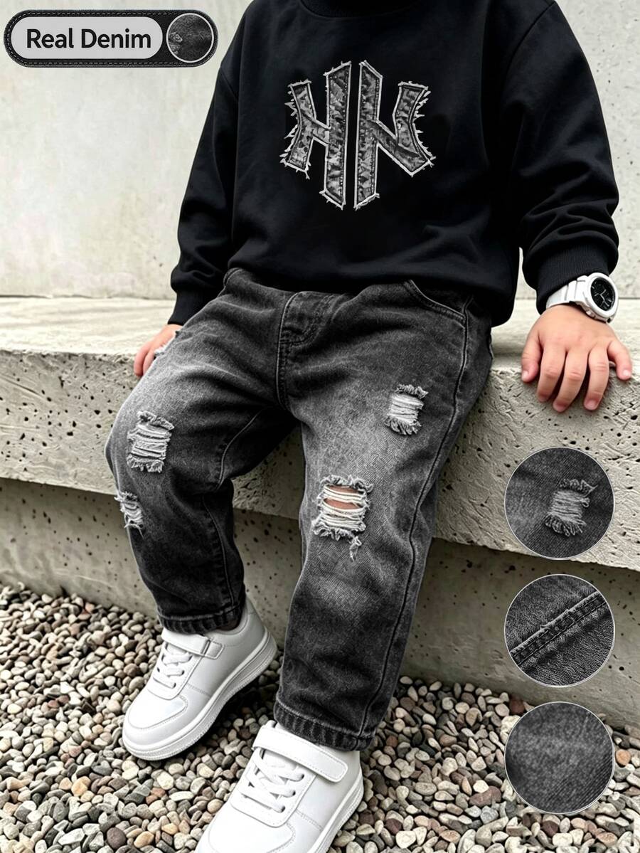 2件組 男童原色毛邊丹寧拼接圓領長袖衛衣 + 破洞牛仔褲,秋冬休閒時尚套裝 - 彩色 - 查看 1