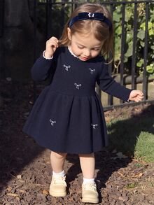 Baby Girl Embroidered Fashion Long Sleeve Sweater Autumn Dress For Outings - Navy Blue - View 1