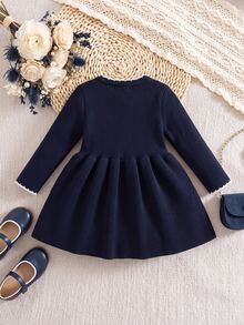 Baby Girl Embroidered Fashion Long Sleeve Sweater Autumn Dress For Outings - Navy Blue - View 2