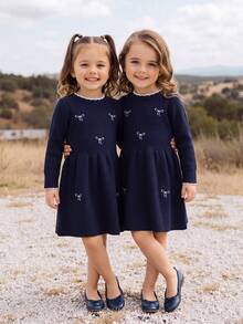 Baby Girl Embroidered Fashion Long Sleeve Sweater Autumn Dress For Outings - Navy Blue - View 7