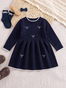 Baby Girl Embroidered Fashion Long Sleeve Sweater Autumn Dress For Outings - Navy Blue - View 8