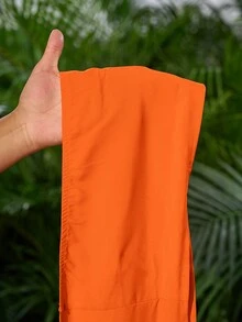 Veslaya Plus Size Solid Color Front Lace-Up Bandeau Top And Wide Leg Pants Set Beach Orange Summer Sexy - Orange - View 8