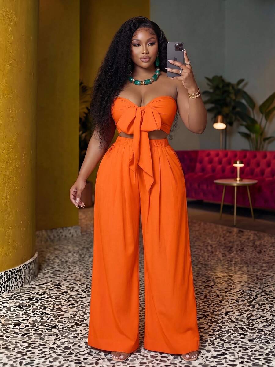 Veslaya Plus Size Solid Color Front Lace-Up Bandeau Top And Wide Leg Pants Set Beach Orange Summer Sexy - Orange - View 1