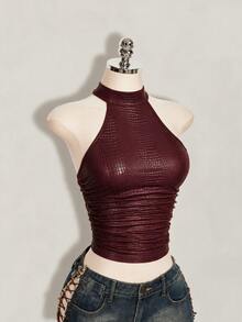 SHEIN ICON 女款純色百褶修身百搭日常掛脖上衣 - 酒紅色 - 查看 5