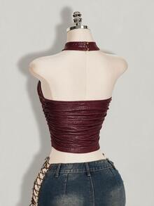 SHEIN ICON 女款純色百褶修身百搭日常掛脖上衣 - 酒紅色 - 查看 4