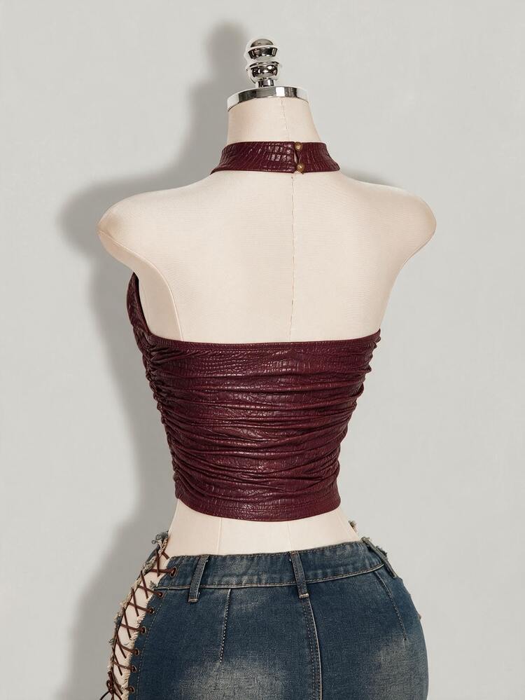 SHEIN ICON Women's Solid Color Pleated Fitted Versatile Everyday Halter Neck Top - Burgundy - View 4