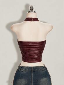 SHEIN ICON 女款純色百褶修身百搭日常掛脖上衣 - 酒紅色 - 查看 2