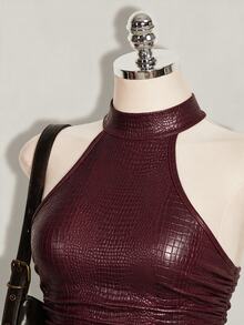 SHEIN ICON 女款純色百褶修身百搭日常掛脖上衣 - 酒紅色 - 查看 7