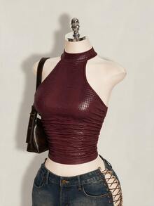 SHEIN ICON 女款純色百褶修身百搭日常掛脖上衣 - 酒紅色 - 查看 6