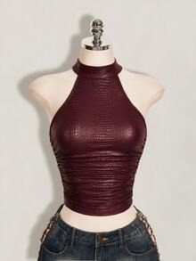 SHEIN ICON 女款純色百褶修身百搭日常掛脖上衣 - 酒紅色 - 查看 11
