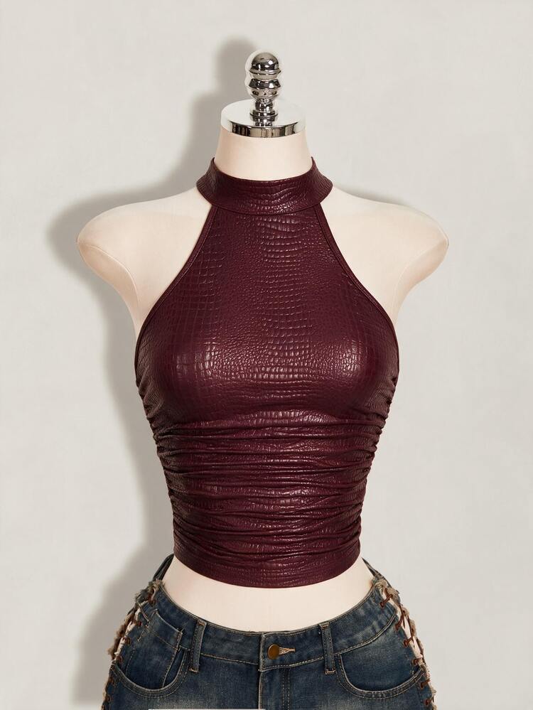 SHEIN ICON Women's Solid Color Pleated Fitted Versatile Everyday Halter Neck Top - Burgundy - View 11