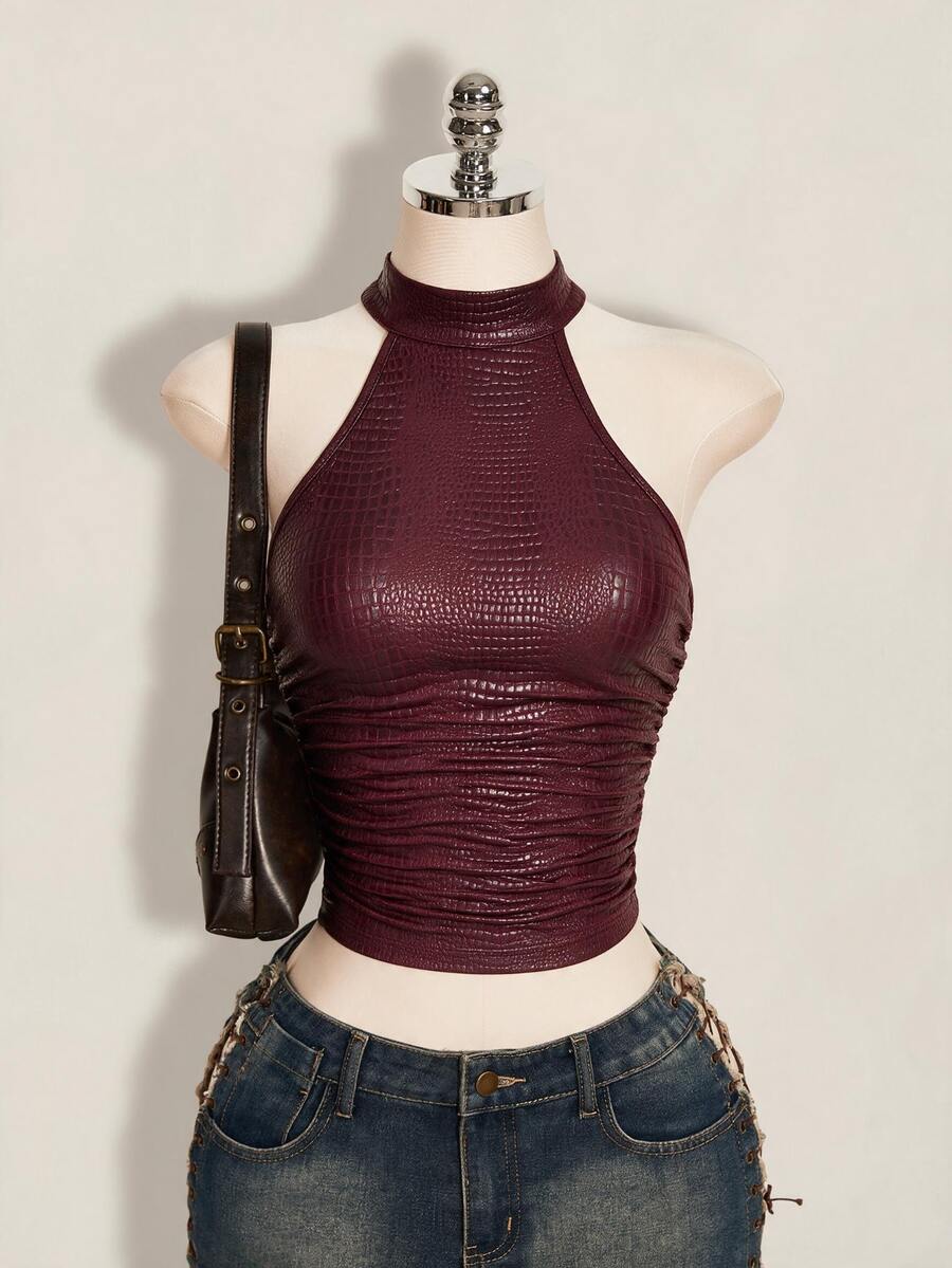 SHEIN ICON Women's Solid Color Pleated Fitted Versatile Everyday Halter Neck Top - Burgundy - View 1