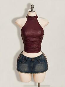 SHEIN ICON 女款純色百褶修身百搭日常掛脖上衣 - 酒紅色 - 查看 9