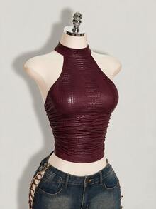 SHEIN ICON 女款純色百褶修身百搭日常掛脖上衣 - 酒紅色 - 查看 8