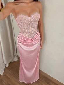 Nuvra Women's Lace Patchwork Ruched Elegant Waist-Cinched Strapless Dress For Party - Pink - View 7