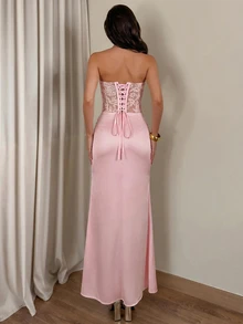 Nuvra Women's Lace Patchwork Ruched Elegant Waist-Cinched Strapless Dress For Party - Pink - View 2