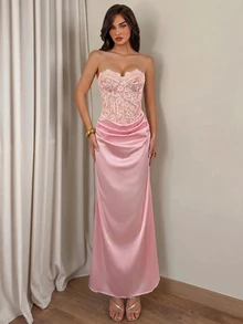 Nuvra Women's Lace Patchwork Ruched Elegant Waist-Cinched Strapless Dress For Party - Pink - View 5