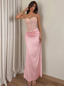 Nuvra Women's Lace Patchwork Ruched Elegant Waist-Cinched Strapless Dress For Party - Pink - View 6